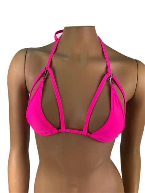 Exotic Dancewear Neon Pink Triangle Bikini Top Rave Outfits Skimpy