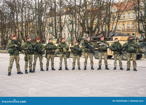 Lithuanian Armed Forces Soldiers With Weapons In The City Editorial