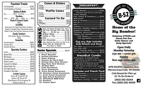 Menu at B52 Bombers fast food, Menomonee Falls