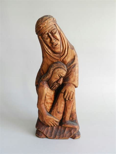 Pieta Drewniana Figura Sztuka Ludowa Sygnowana