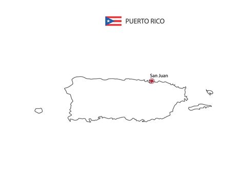 Hand Draw Thin Black Line Vector Of Puerto Rico Map With Capital City San Juan On White