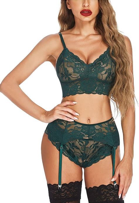 Women Sexy Lingerie Set With Garter Belt Floral Lace Bra And Panty Set