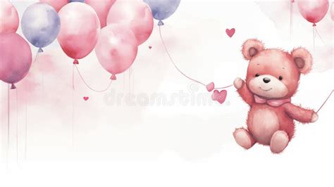 Watercolour Pink Teddybear with Balloons Stock Illustration ...