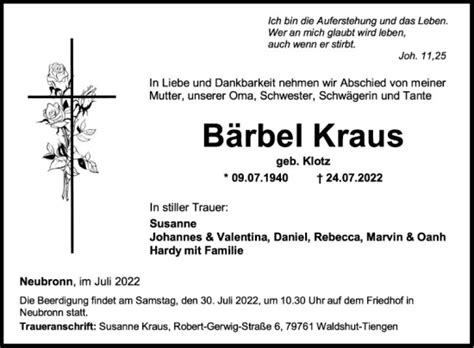 Traueranzeigen Von B Rbel Kraus Trauerportal Ihrer Tageszeitung