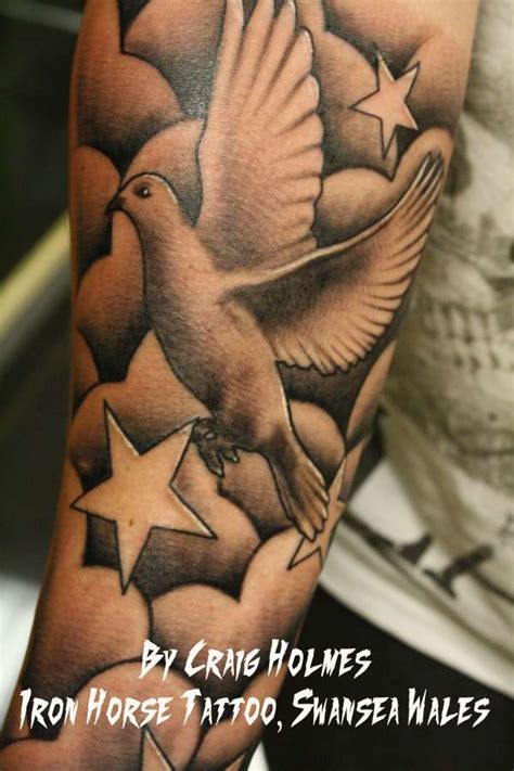 Stars And Flying Dove In Clouds Sleeve Tattoo