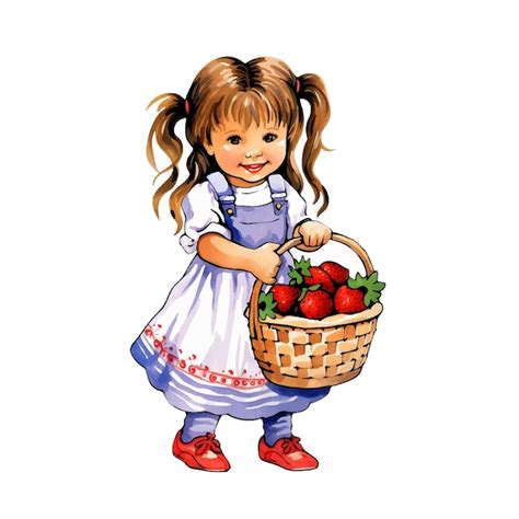 Niña con una canasta de fresas pintura de acuarela Vector Premium