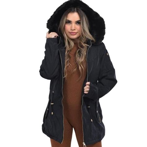 Casaco Feminino Parka Max Capuz Bolsos Pelinho Sobretudo Cole O