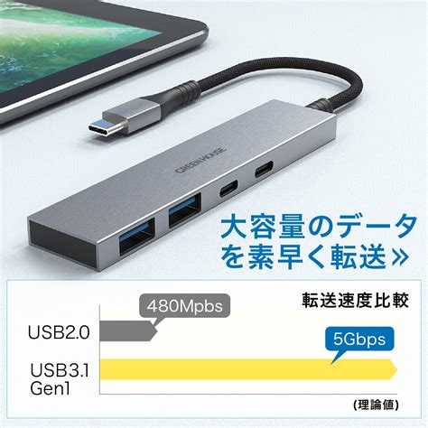 USBハブ USB Type-C接続 4ポート GH-HB3C4A-SV Type-C x2 Type-A x2 USB3.1 Gen1対応