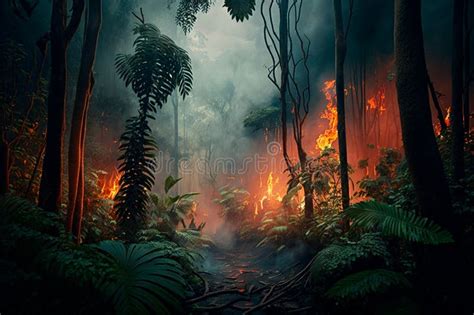 Wildfire Burns Ground In Nature Tropical Forest Generative Ai Stock