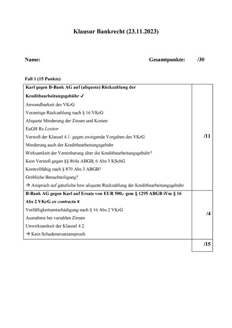 BVR Zwischenklausur WS 2023 Korrekturblatt Klausur Bankrecht 23 11