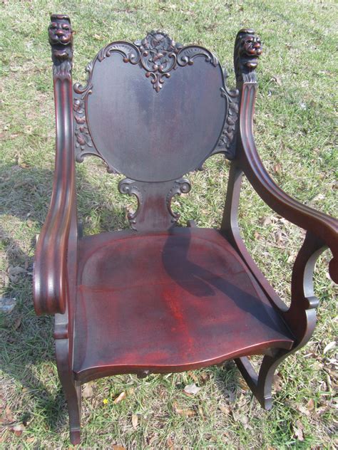 Antique Wood Chair Possibly Mahogany The Back Is Designed With Lions