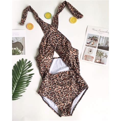 Bikini Mảnh Da Báo Đắp Chéo Ngực Hở Lưng Gợi Cảm Bodysuiit Đi Biển Da Beo Cổ Đắp Sexy Ảnh