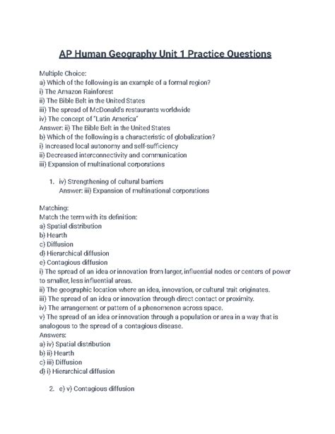 AP Human Geography Unit 1 Questions - AP Human Geography Unit 1