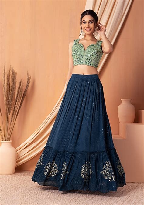 Buy Women Teal Blue Tiered Lehenga Set With Contrast Blouse And Dupatta