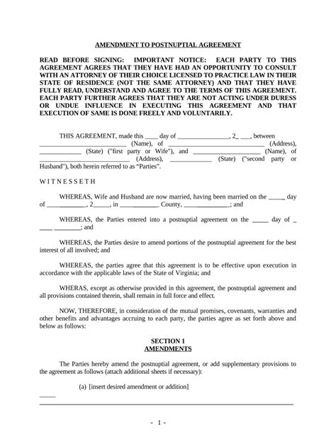 Amendment To Postnuptial Property Agreement Virginia Virginia Form