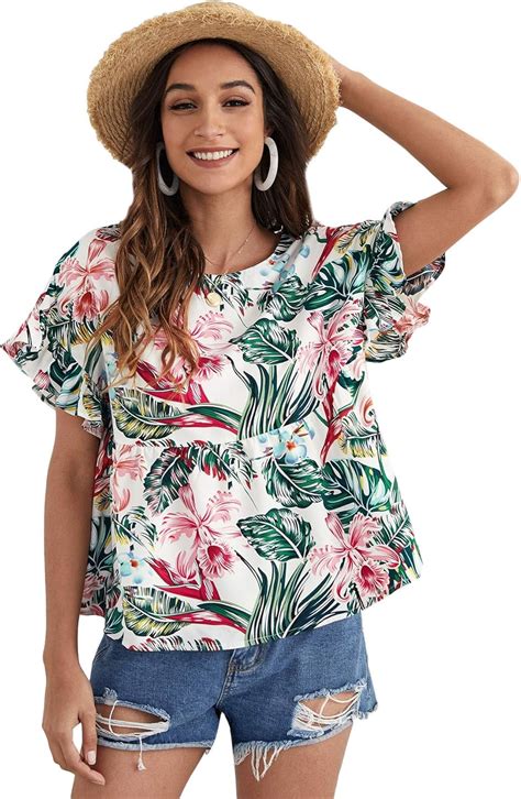 SheIn Blusa De Manga Corta Con Cuello Redondo Peplum Boho Para Mujer