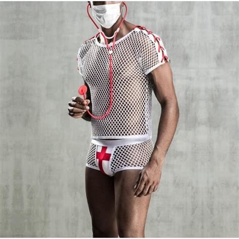 Lingerie sexy homme Boxer transparent mesh blanc ensemble Lingerie Sexy avec stéthoscope 3