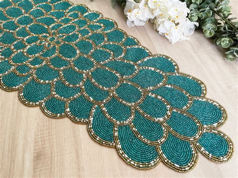 Handmade Bead Table Runner Peacock Floral Beaded Runner Placemat Etsy