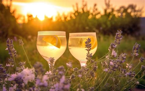 Dos Copas De Vino Se Sientan En Un Campo De Lavanda Foto Premium