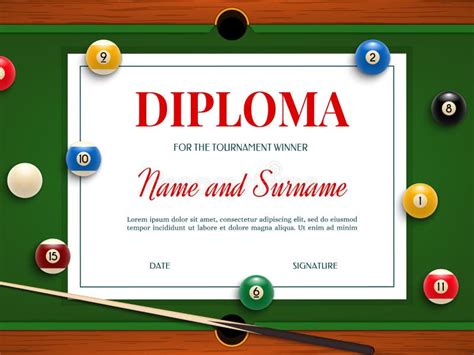 Diploma For Billiard Tournament Winner Certificate Stock Vector