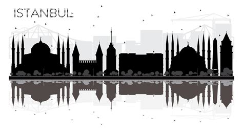 Istanbul City Skyline Black And White Silhouette With Reflections