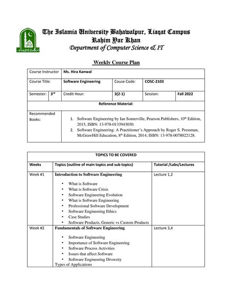 Solution Se Course Outline The Islamia University Bahawalpur Studypool