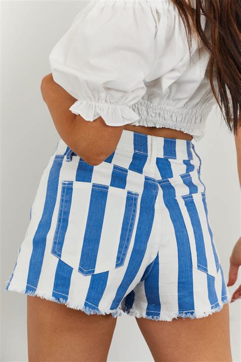 Wisteria Lane Cobalt And Off White Striped Denim Shorts And Lime Lush