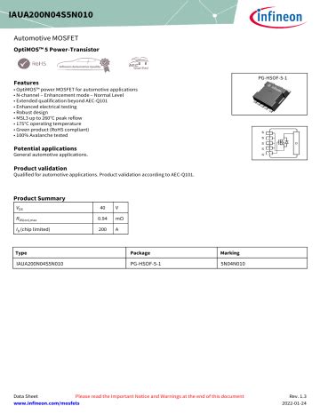 Infineon Iaua N S N Mosfet Data Sheet Manualzz