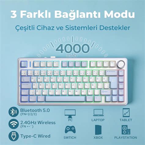Aula F Mekanik Rgb Tkl Hot Swap Graywood V Switch Kablosuz Makrolu T Rk E Q Klavye Buz Mavisi