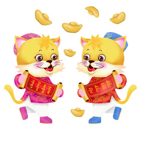 Vietnamese Tet 2023 Cat Year Cartoon Style Two Kittens Holding Spring