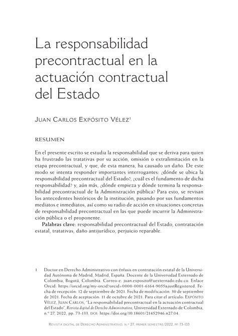 Pdf La Responsabilidad Precontractual En La Actividad Contractual Del