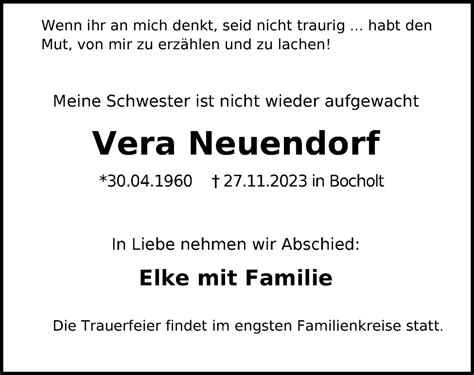 Traueranzeigen Von Vera Neuendorf Trauer Anzeigen De