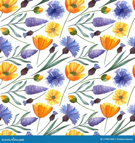 Watercolor Seamless Hand Illustrated Flower Pattern Stock Illustration