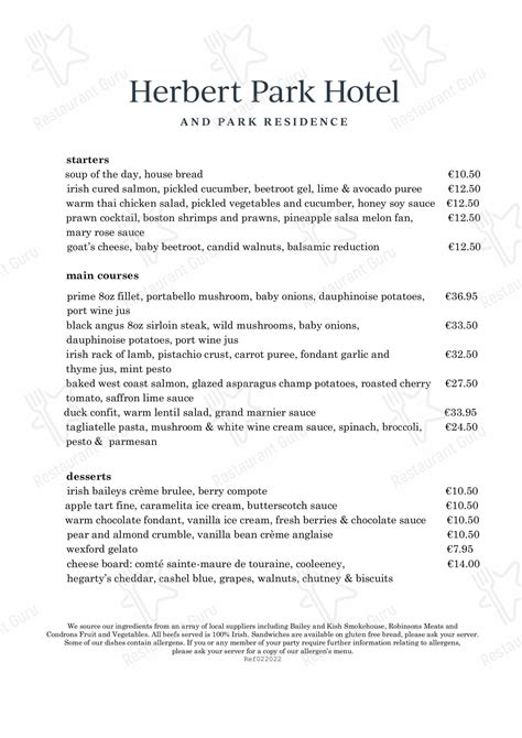 Menu at Herbert Park Hotel and Park Residence restaurant, Dublin