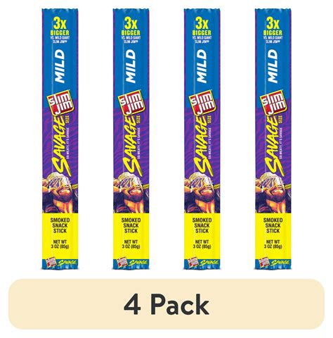 4 Pack Slim Jim Savage Smoked Meat Sticks Mild Flavor 18g Protein