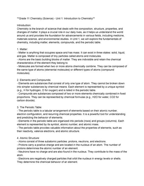 Chem unit 1 - Notes on Chemistry Unit 1 - Grade 11 Chemistry (Science ...