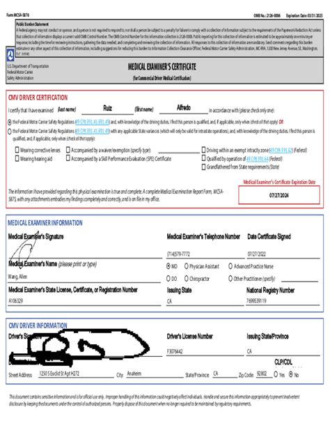 Fillable Online Medical Examiner S Certificate Mec Form Mcsa Fax