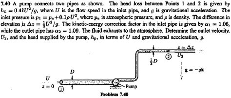 SOLVED 7 40 A Pump Connects Two Pipes As Shown The Head Loss Between