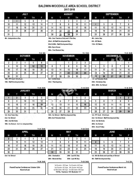 2017 - 2018 School Calendar | Baldwin-Woodville Area School District ...