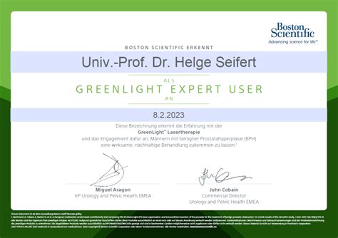 GreenLight Lasertherapie Expert User Auszeichnung für PD Dr Jan