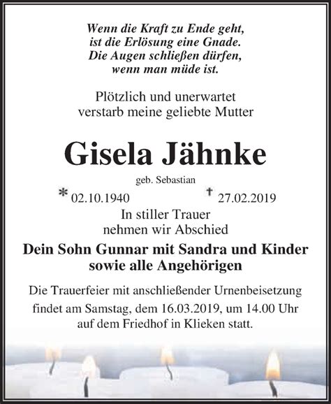 Traueranzeigen Von Gisela J Hnke Abschied Nehmen De