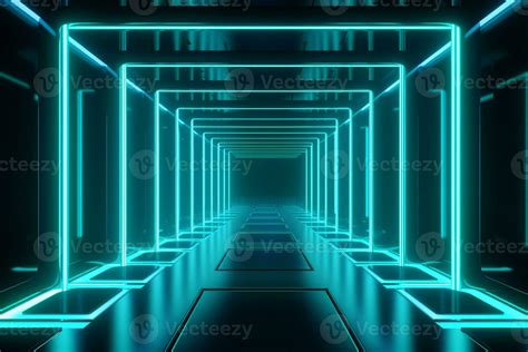 Neon light abstract background. Rectangle tunnel or corridor green blue ...