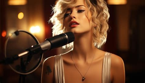 Une Belle Chanteuse Blonde Se Produit Sur Scène Avec Un Microphone Généré Par L intelligence