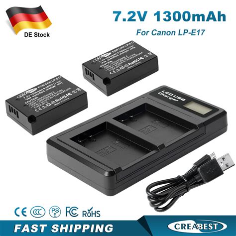 2x 1300mAh LP E17 Akku Ladegerät Für Canon EOS 200D 250D 800D 750D