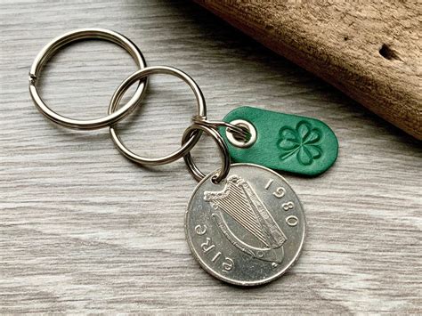 Irish Coin And Green Shamrock Key Chain Or Clip Celtic Ireland Keyring