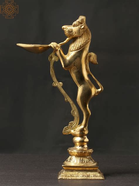 9" Brass Yali with Lamp | Exotic India Art