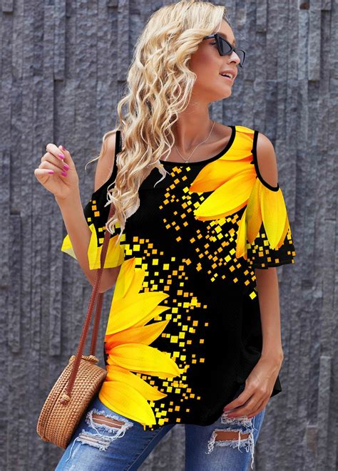 Rotita Sunflower Print Round Neck Cold Shoulder T Shirt