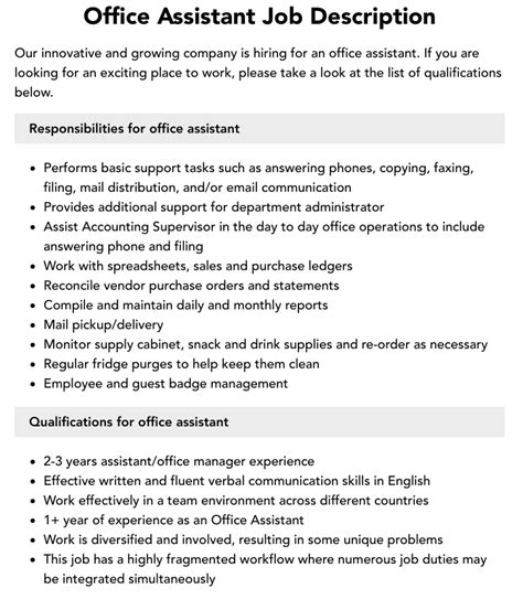 Office Assistant Job Description Velvet Jobs