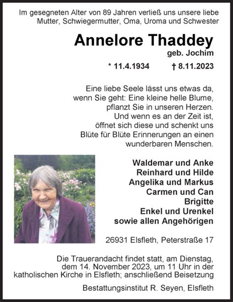 Traueranzeigen Von Annelore Thaddey Nordwest Trauer De