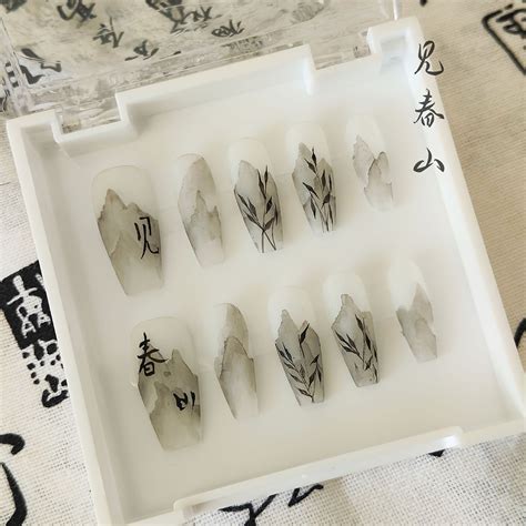 Pure Handmade Elegance Fake Nails Chinese Retro Style Ink Painting